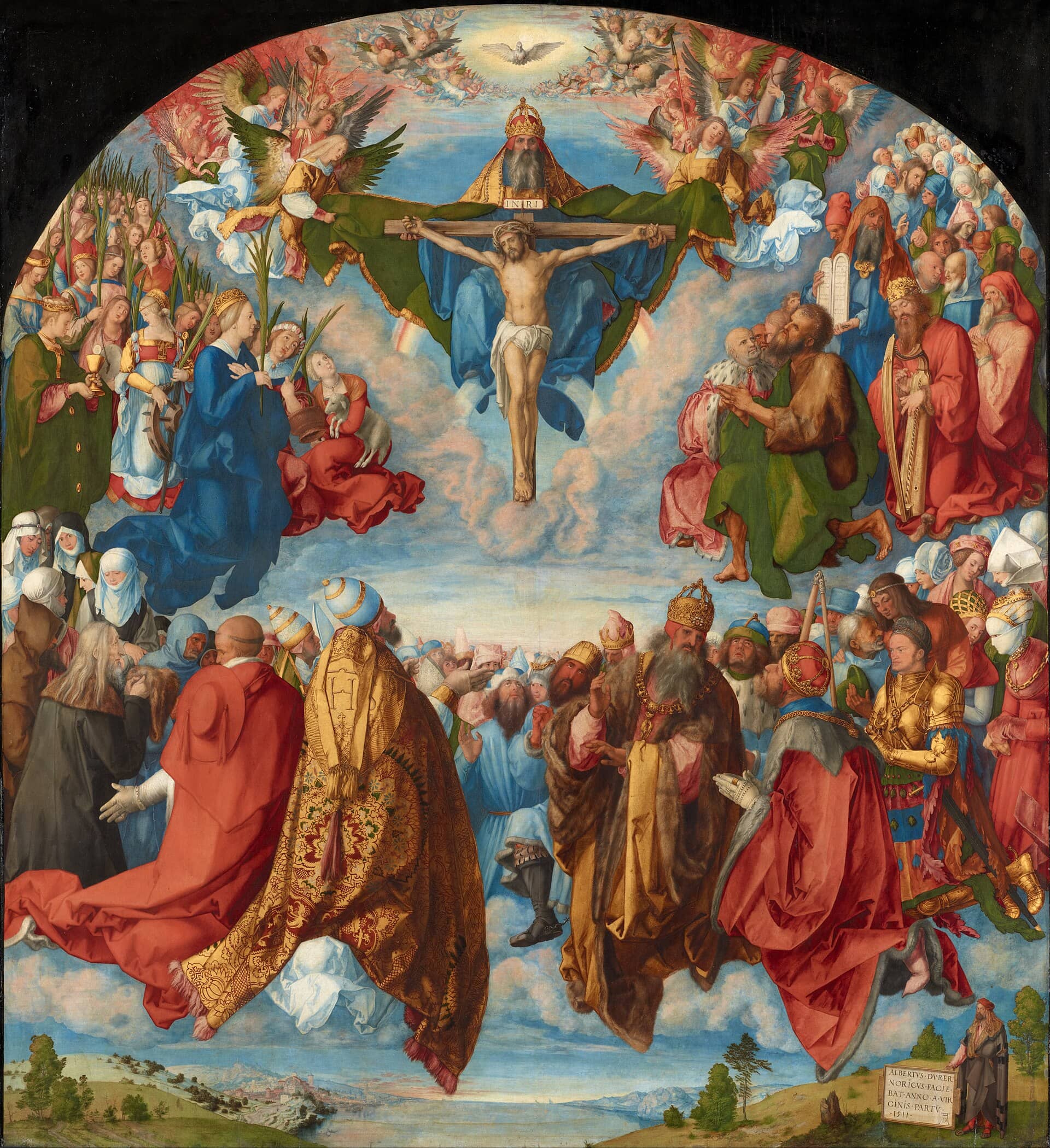 Pintura de Albrecht Dürer com santos e fiéis em adoração à Trindade