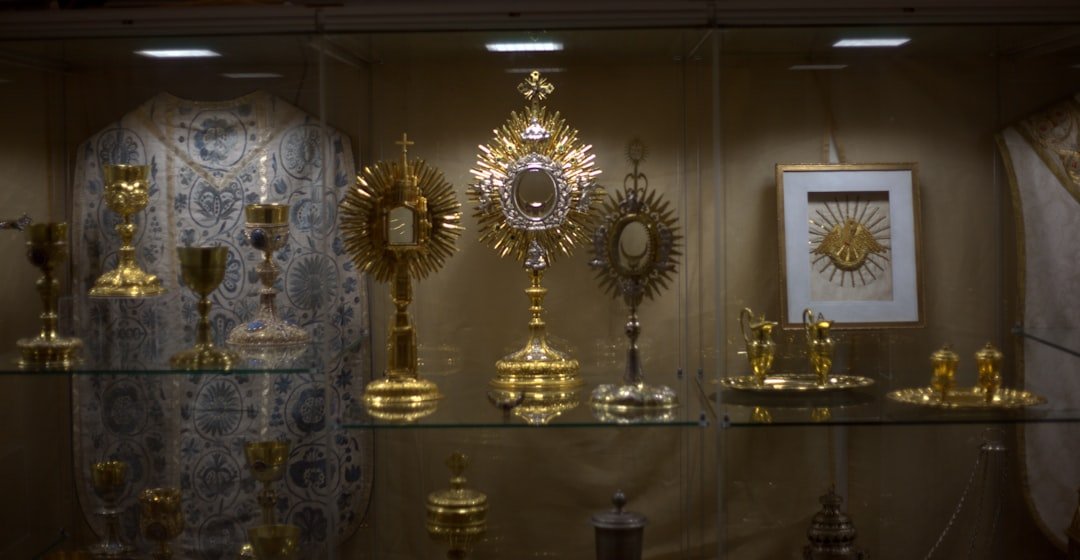 Religious artifacts displayed in a museum exhibit.
